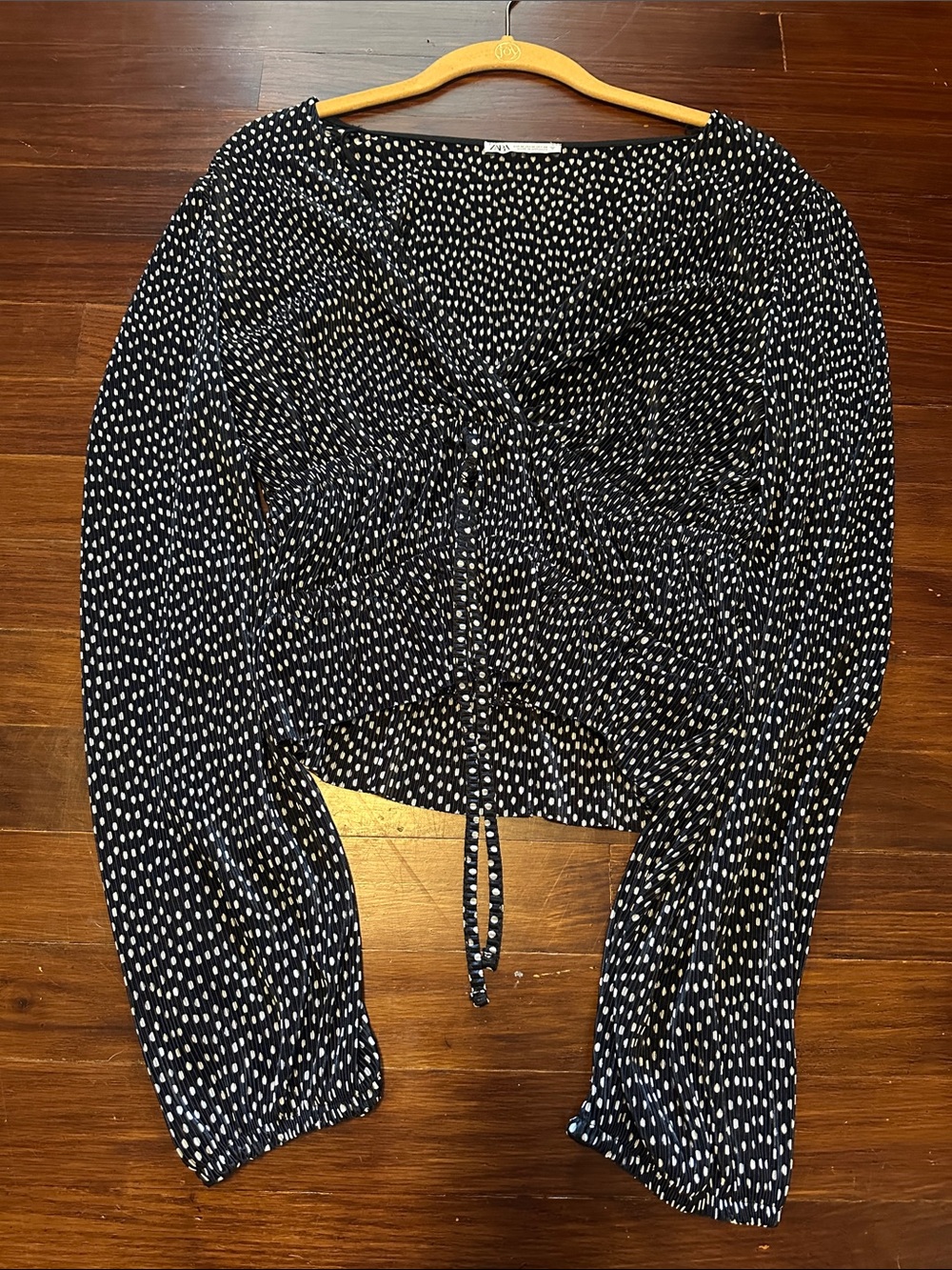 Zara Black & White Dot Drawstring Front Blouse Women’s MEDIUM